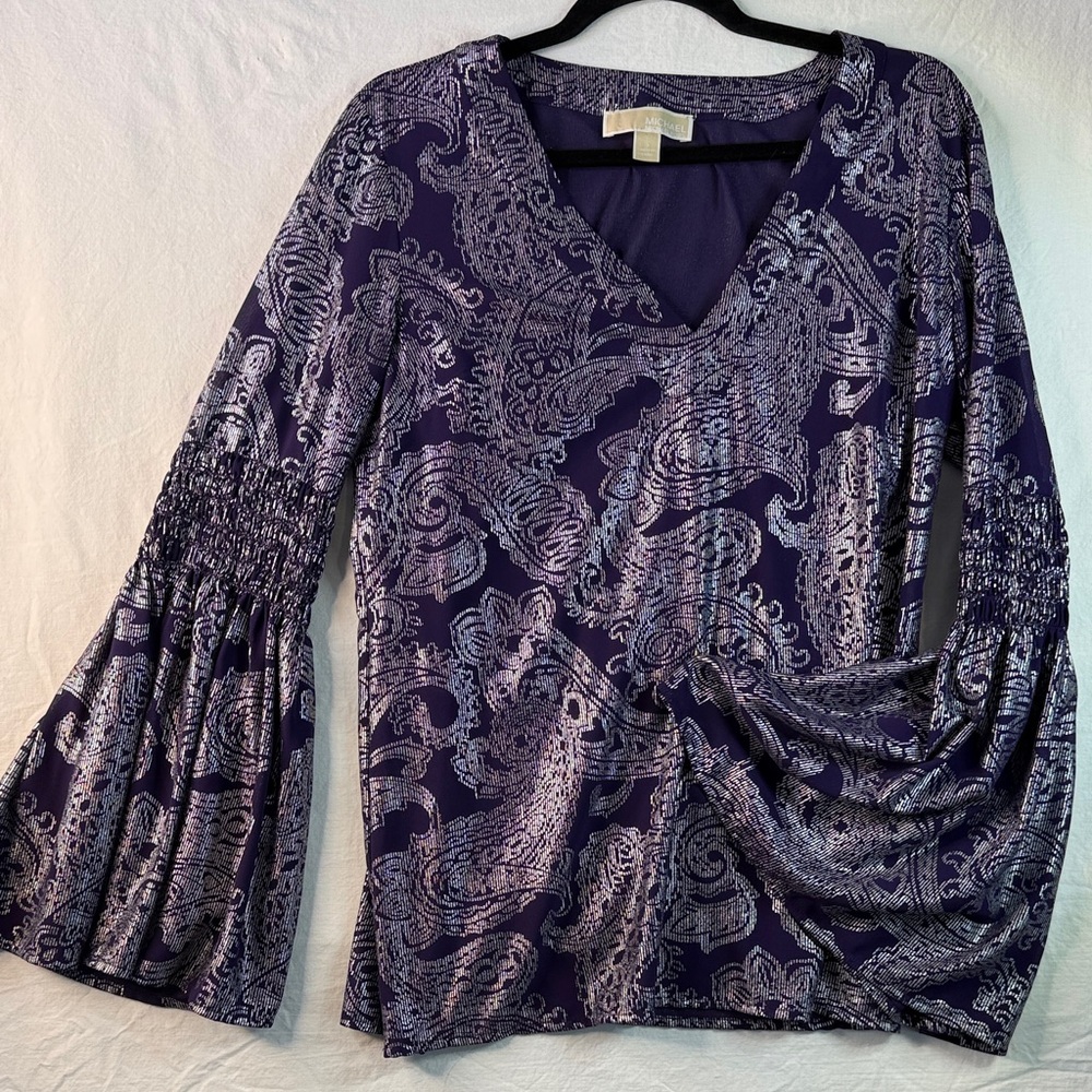 Michael Kors Purple Paisley V-Neck Bell Sleeve Tunic